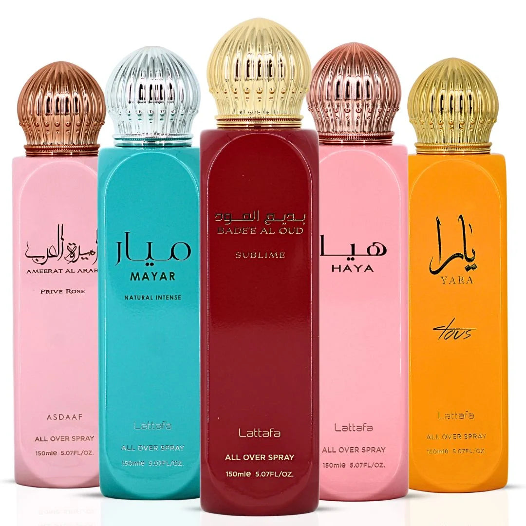 Bad'ee Al Oud Sublime, Yara Tous, Haya, Ameerat Al Arab Prive Rose & Mayar Natural Intense All-Over Sprays 150ml (5.07 oz) by Lattafa | Spray. Slay. Repeat. (Bundle)