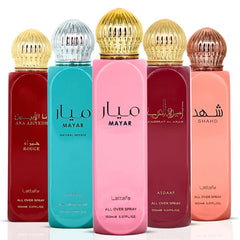 Mayar, Ameerat Al Arab, Mayar Natural Intense, Ana Abiyedh Rouge & Shahd All-Over Sprays 150ml (5.07 oz) by Lattafa | Five Iconic Scents, Endless Refresh (Bundle)