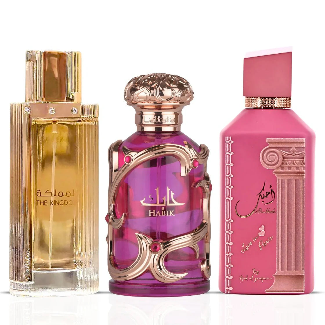Habik Women & Kingdom Women by Lattafa & Ahubbak Love in Paris by Ard Al Zaafaran - Eau de Parfum Sprays 100ml (3.4 oz) | Juicy Pear Elegance – A Trio of Feminine Allure (Bundle)