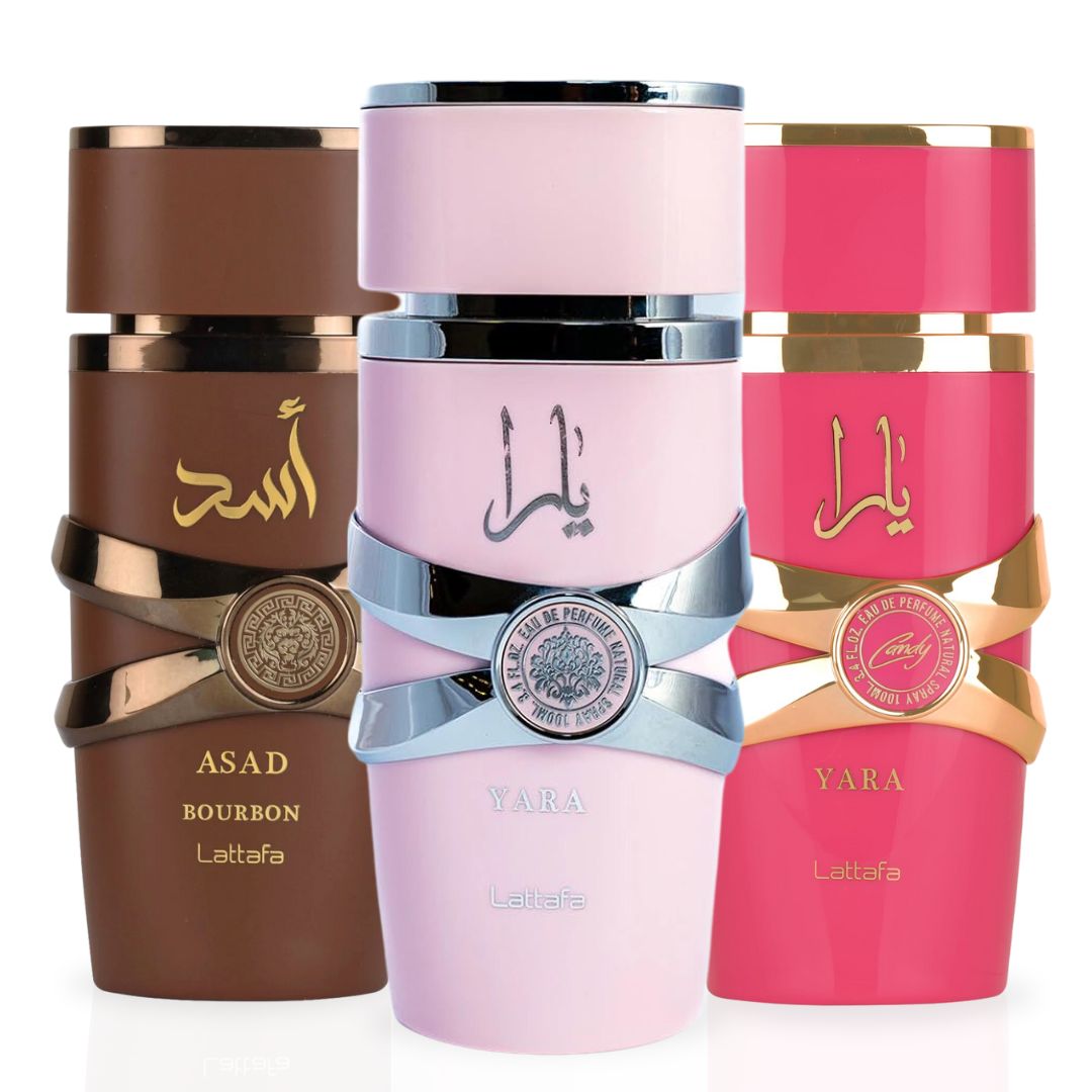 Yara, Yara Candy & Asad Bourbon EDP Sprays 100ML (3.4 OZ) By Lattafa | A Trio Of Sweet, Fruity & Indulgent Fragrances, Perfect For Any Occasion. (SWEET SENSATIONS BUNDLE)