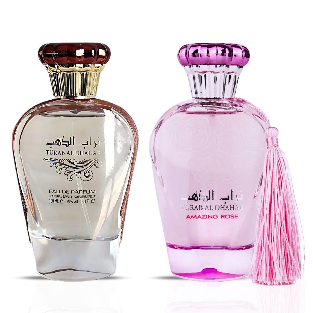 Turab Al Dhabab & Turab Al Dhahab Amazing Rose Eau De Parfum Sprays 100ML (3.4 OZ) by Ard Al Zaafaran | A Vibrant, Tropical & Floral Duo with Citrusy Freshness & Sweet, Musky Warmth. (Bundle)