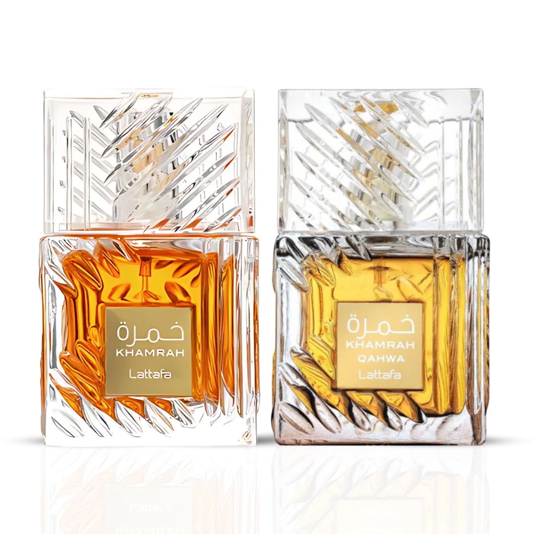 Khamrah & Khamrah Qahwa Eau De Parfum Sprays 100ML (3.4 OZ) by Lattafa | Indulgent Warmth, Cozy Sweetness—Two Scents That Wrap You in Luxury. (Bundle)