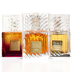 Khamrah, Khamrah Qahwa & Khamrah Dukhan Eau De Parfum Sprays 100ML (3.4 OZ) by Lattafa | Three Expressions of Indulgence: Bold, Gourmand & Mysteriously Rich. (Collection)