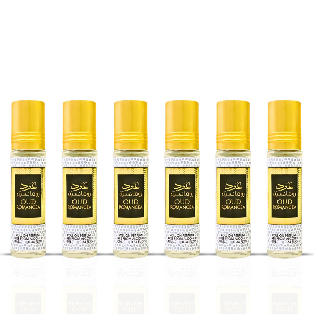 6PCS Oud Romancea Roll-On Perfume Oil - CPO 10ML (0.34OZ) by Ard Al Zaafaran | Long Lasting, Miniature Perfume Oil For Men & Women. (Pack Of 6)