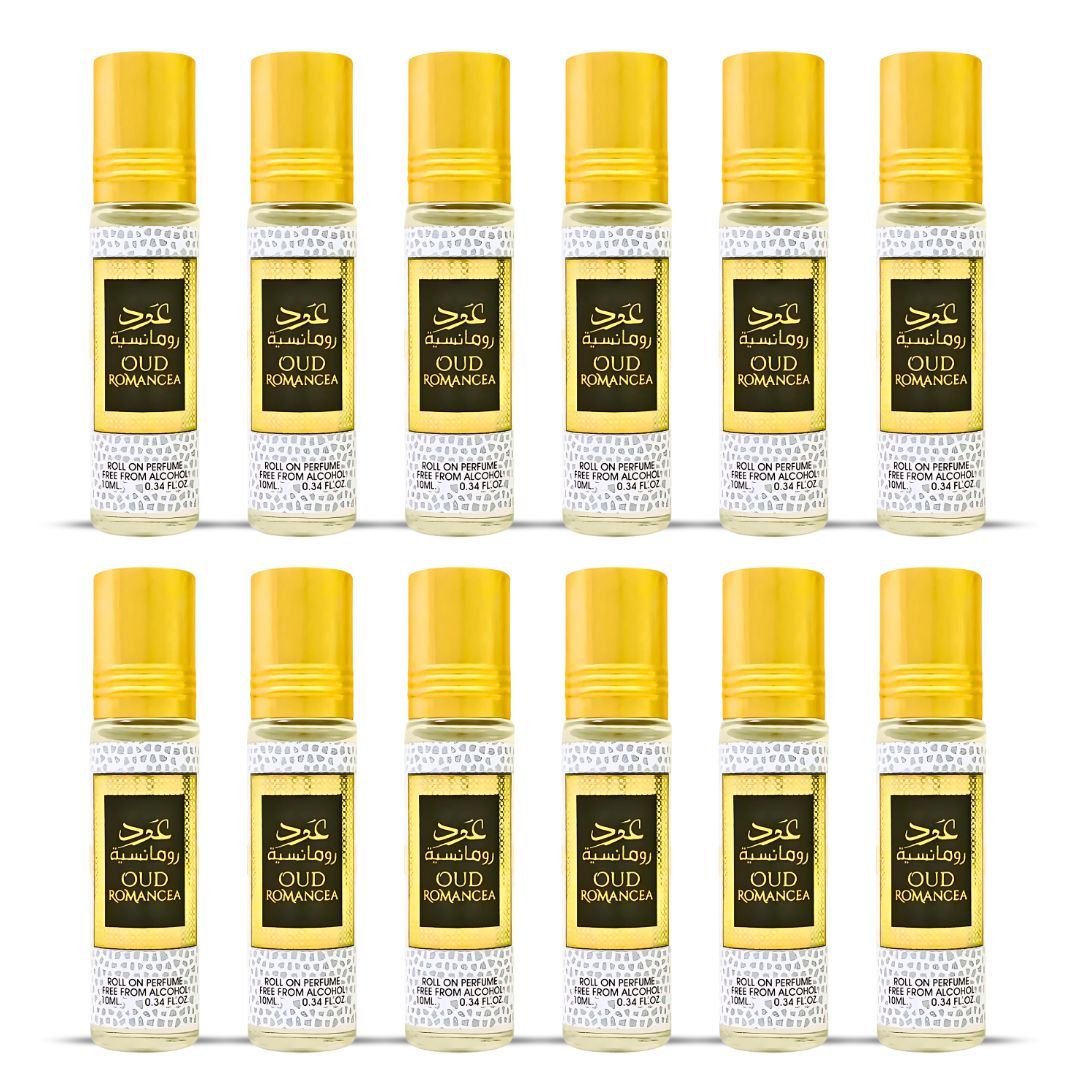 12PCS Oud Romancea Roll-On Perfume Oil - CPO 10ML (0.34OZ) by Ard Al Zaafaran | Long Lasting, Miniature Perfume Oil For Men & Women. (Pack Of 12)