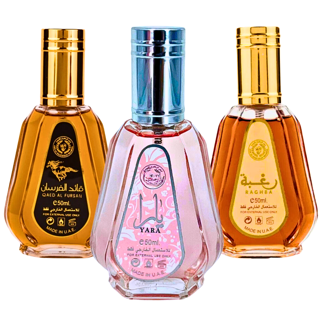 Yara, Qaed Al Fursan & Raghba - EDP 50ML (1.7 OZ) by Ard Al Zaafaran, MINI (Travel Size) Perfumes Collection, Perfumes for Men & Women. (SENSATIONAL BUNDLE)